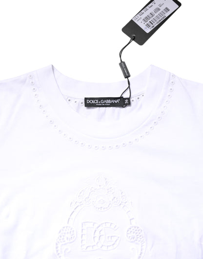 Dolce &amp; Gabbana – Weißes Baumwoll-T-Shirt mit Blumenlogo und Rundhalsausschnitt