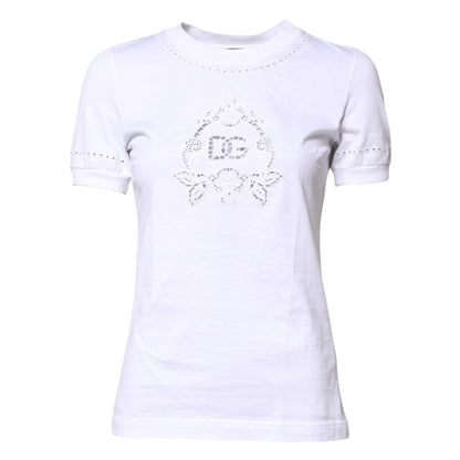 Dolce &amp; Gabbana – Weißes Baumwoll-T-Shirt mit Blumenlogo und Rundhalsausschnitt