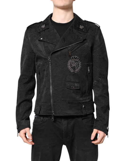 Dolce & Gabbana – Schwarze Bikerjacke aus Brokat-Baumwolle mit durchgehendem Reißverschluss