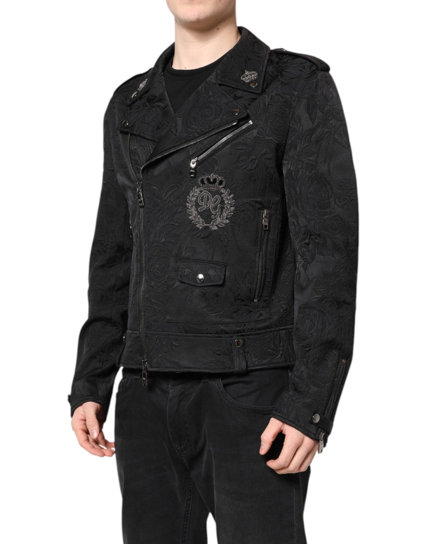 Dolce &amp; Gabbana – Schwarze Bikerjacke aus Brokat-Baumwolle mit durchgehendem Reißverschluss