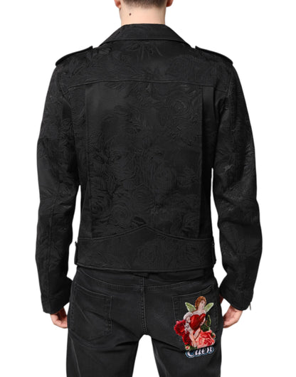 Dolce &amp; Gabbana – Schwarze Bikerjacke aus Brokat-Baumwolle mit durchgehendem Reißverschluss