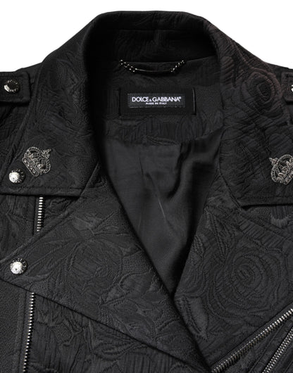 Dolce &amp; Gabbana – Schwarze Bikerjacke aus Brokat-Baumwolle mit durchgehendem Reißverschluss