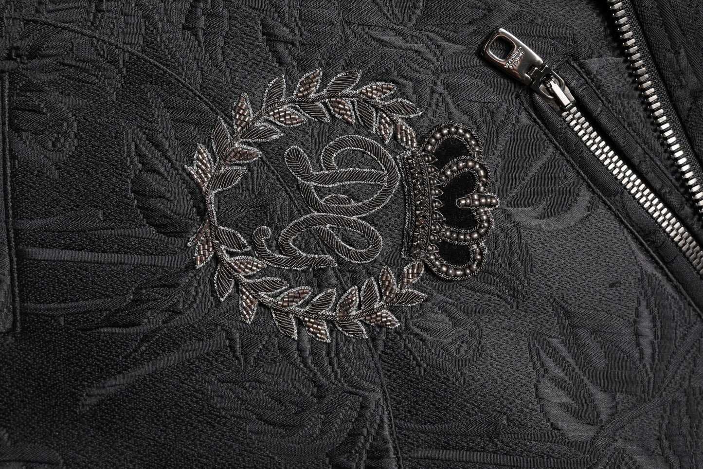 Dolce &amp; Gabbana – Schwarze Bikerjacke aus Brokat-Baumwolle mit durchgehendem Reißverschluss