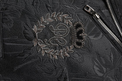 Dolce &amp; Gabbana – Schwarze Bikerjacke aus Brokat-Baumwolle mit durchgehendem Reißverschluss