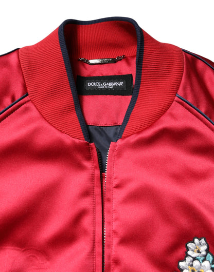 Dolce &amp; Gabbana – Bomberjacke mit durchgehendem Reißverschluss und Blumenaufnäher in Rot für Herren