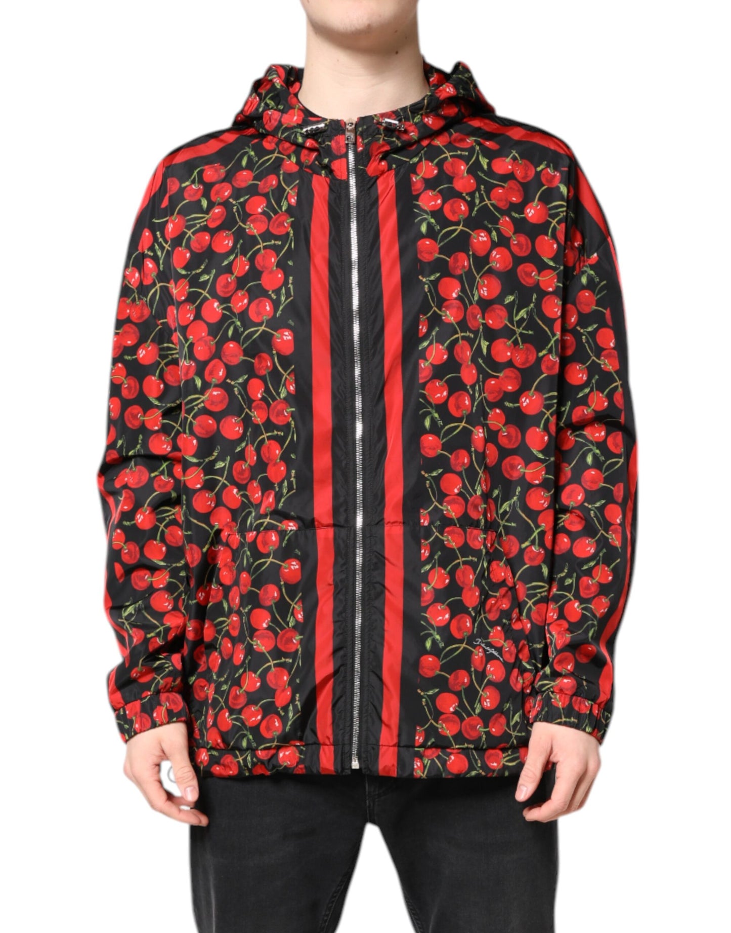 Dolce &amp; Gabbana – Windjacke mit Kapuze und schwarzem Kirschdruck