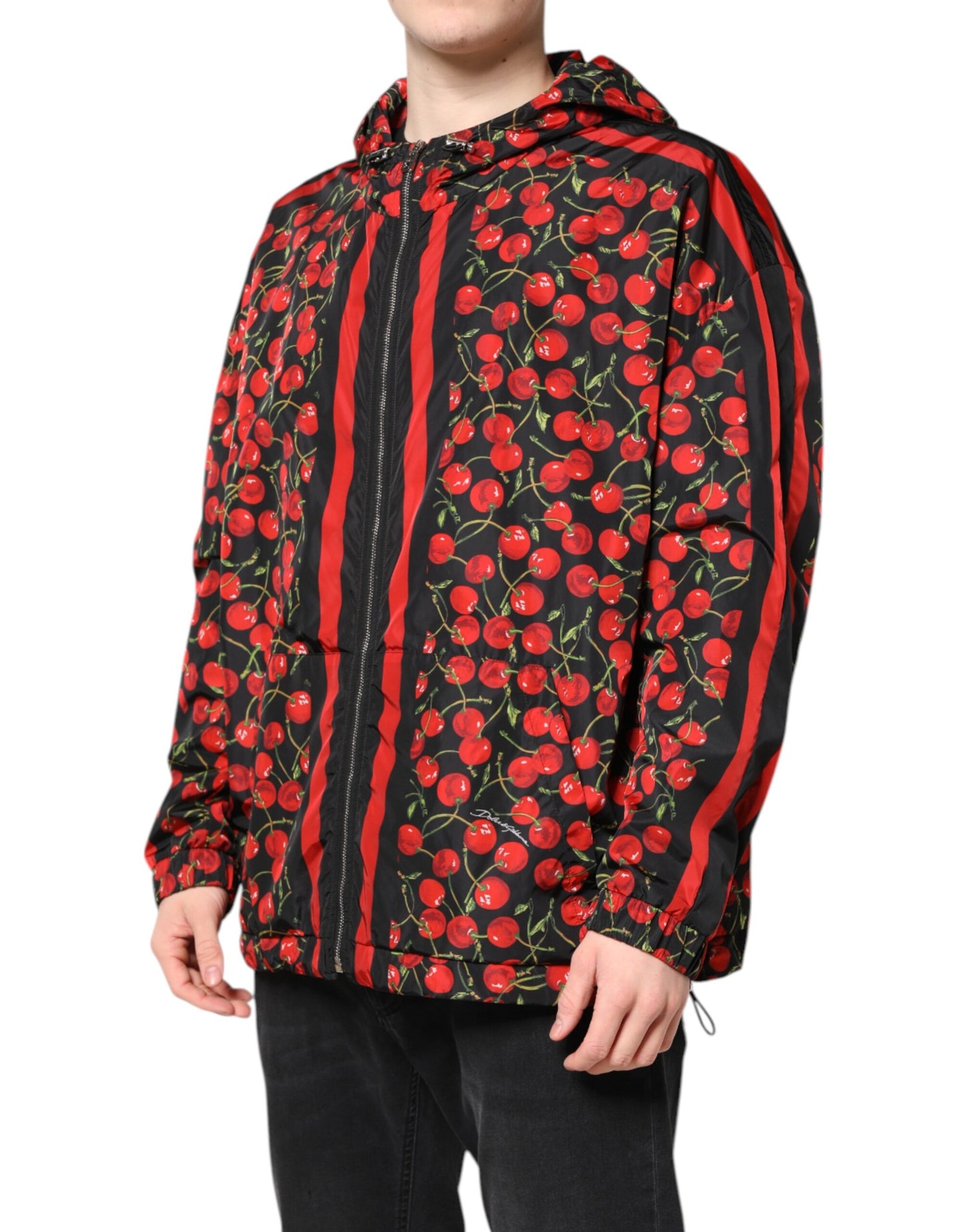 Dolce &amp; Gabbana – Windjacke mit Kapuze und schwarzem Kirschdruck