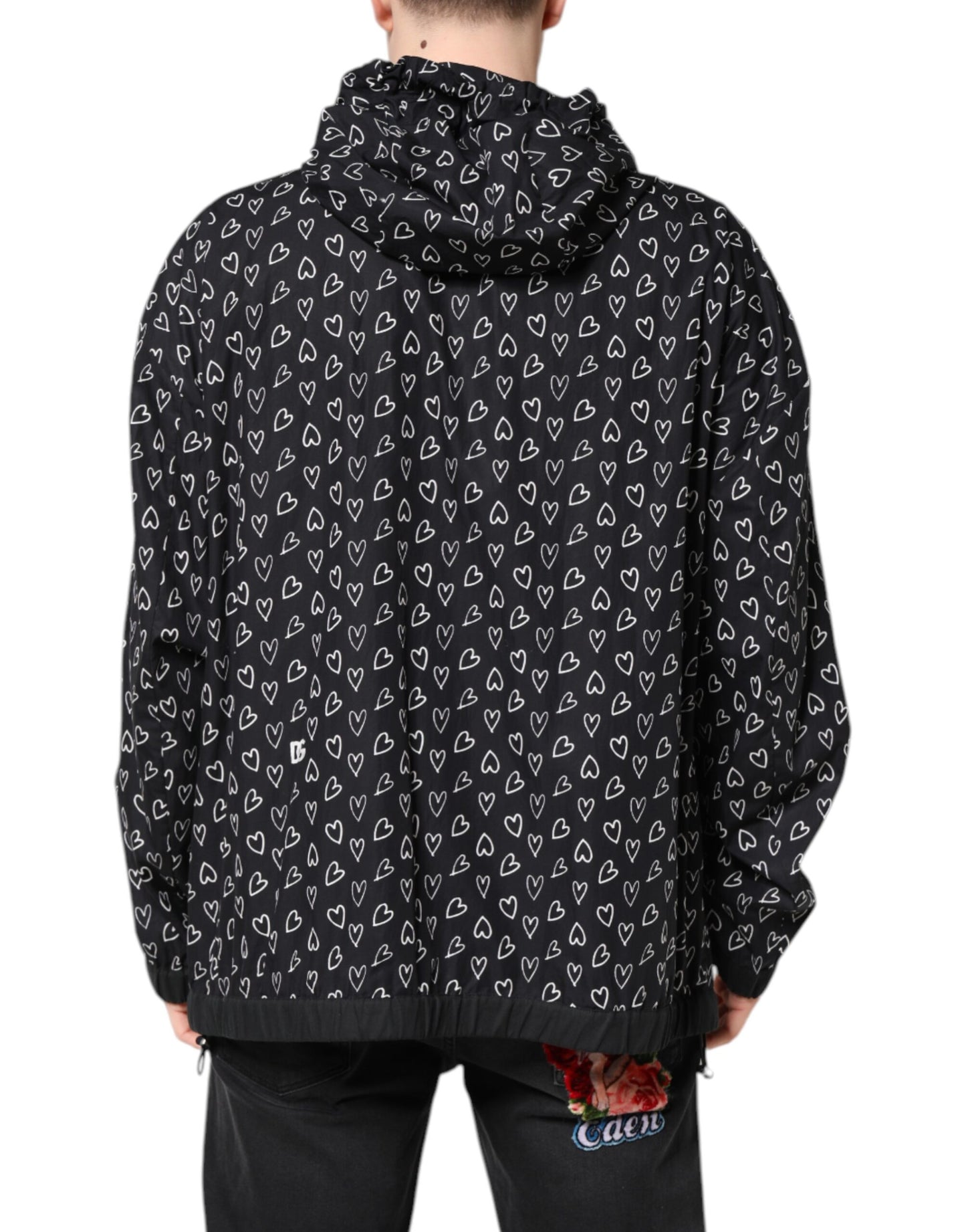 Dolce &amp; Gabbana – Schwarze Windjacke mit Kapuze und Herz-Print