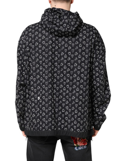 Dolce &amp; Gabbana – Schwarze Windjacke mit Kapuze und Herz-Print