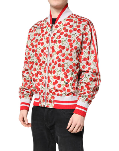 Dolce &amp; Gabbana – Bomberjacke mit durchgehendem Reißverschluss und Kirschmuster in Weiß