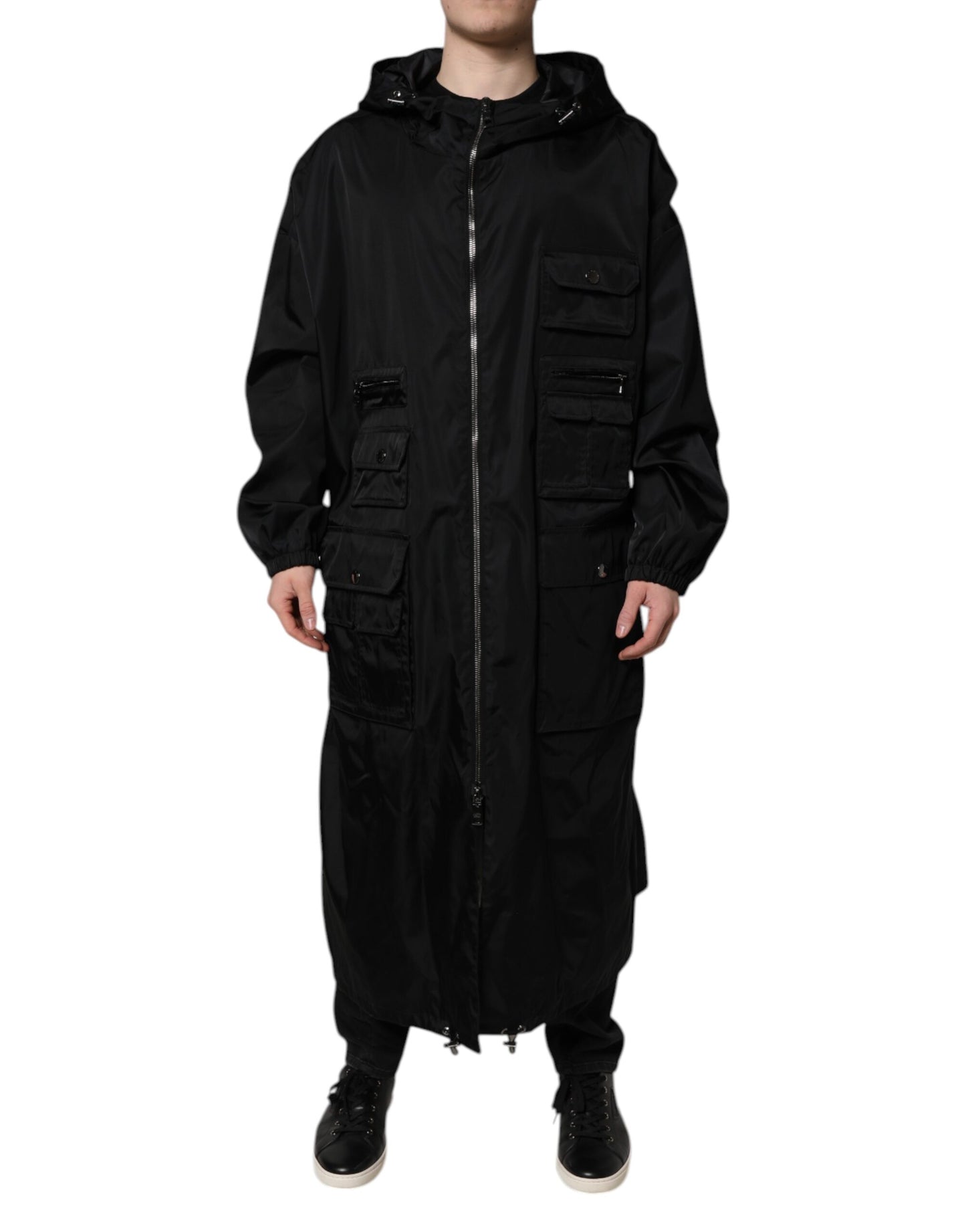 Dolce & Gabbana Black Hooded Long Men Windbreaker Jacket
