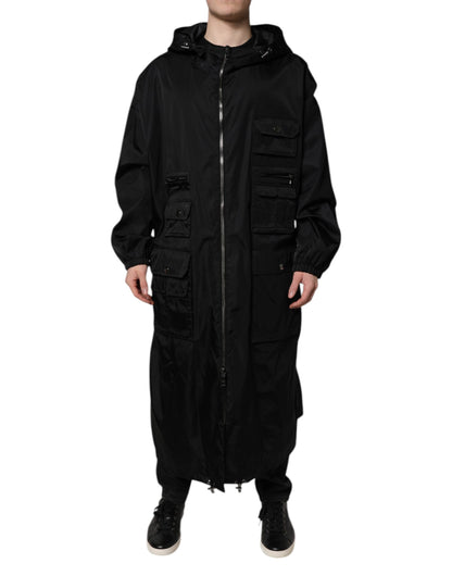 Dolce & Gabbana Black Hooded Long Men Windbreaker Jacket
