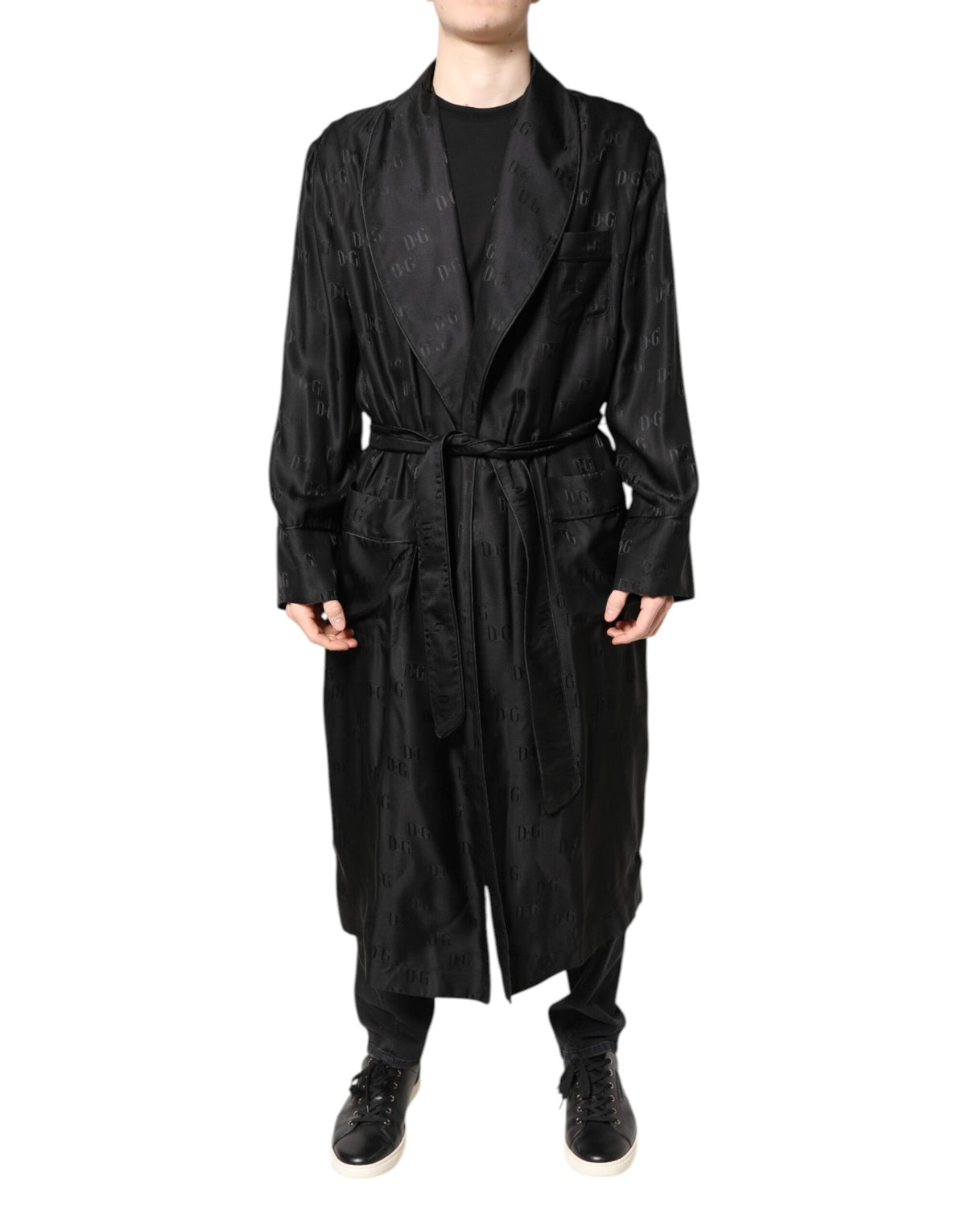 Dolce &amp; Gabbana Schwarze Seide DG Logo Herren Wickelmantel Jacke