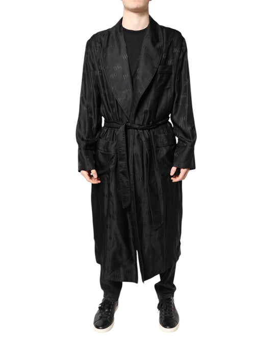Dolce &amp; Gabbana Schwarze Seide DG Logo Herren Wickelmantel Jacke