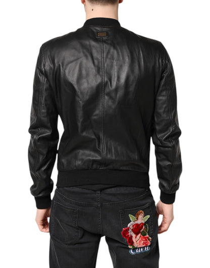 Dolce &amp; Gabbana – Bikerjacke aus schwarzem Lammleder mit durchgehendem Reißverschluss
