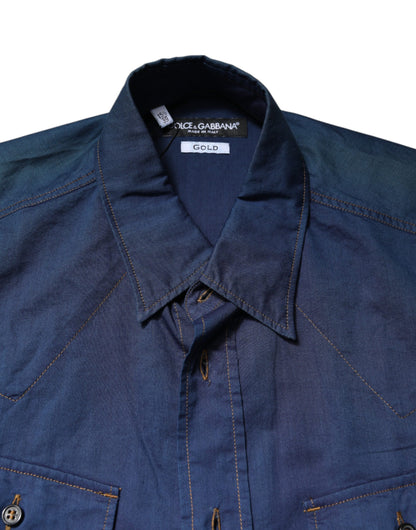 Dolce &amp; Gabbana Blaues, GOLDfarbenes Freizeithemd mit langen Ärmeln aus Baumwolle