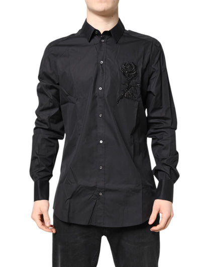 Dolce & Gabbana Black Floral Gold Cotton Dress Formal Shirt