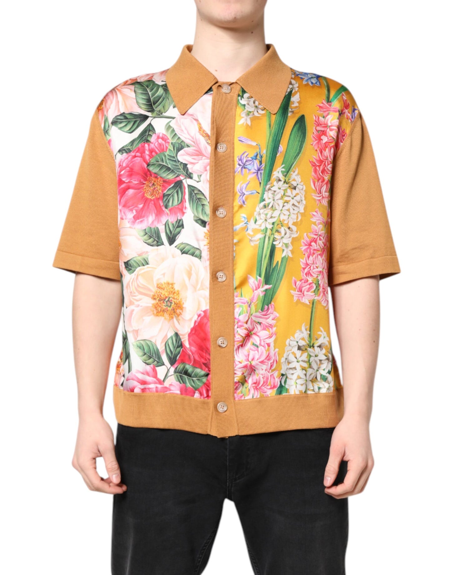 Dolce &amp; Gabbana – Braunes, kurzärmliges T-Shirt mit Blumenkragen