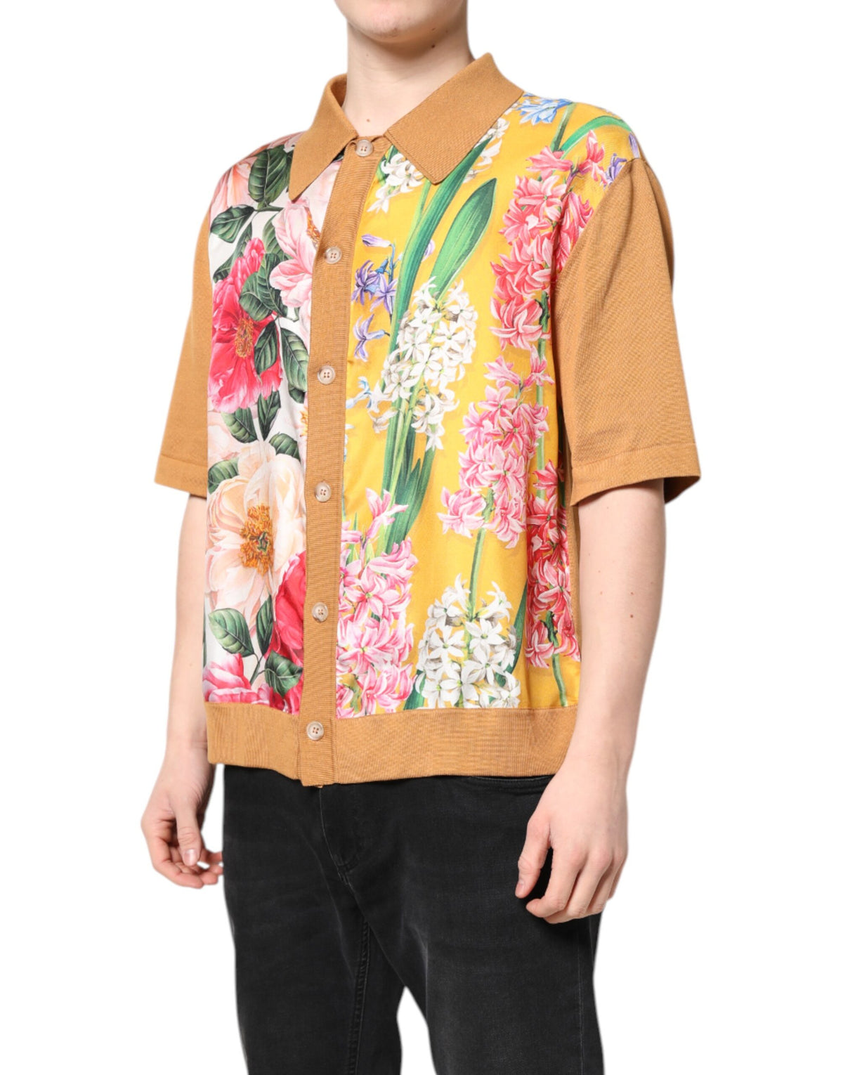 Dolce &amp; Gabbana – Braunes, kurzärmliges T-Shirt mit Blumenkragen
