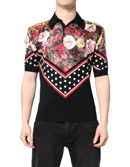 Dolce & Gabbana Black Floral Collared Short Sleeve T-shirt
