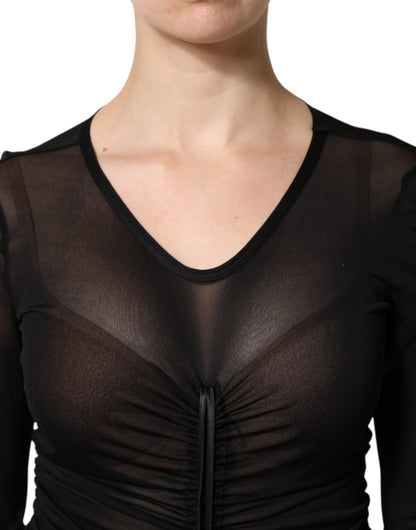 Dolce &amp; Gabbana – Langes, figurbetontes Etuikleid mit schwarzem Netzbesatz