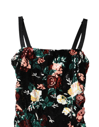 Dolce &amp; Gabbana – Schwarzes, ärmelloses Etuikleid mit Blumenmuster und Pailletten
