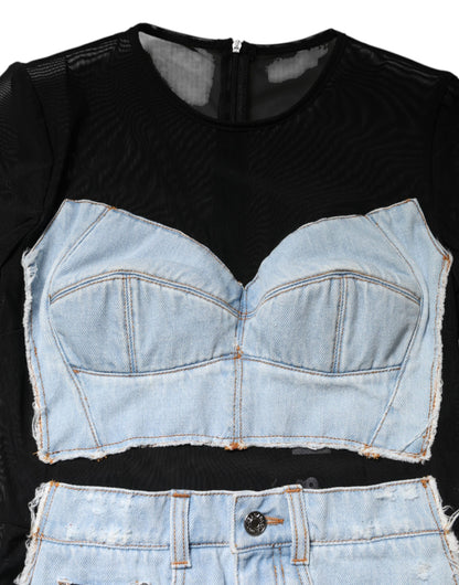 Dolce &amp; Gabbana – Schwarz-blaues, langärmliges Jeans-Minikleid