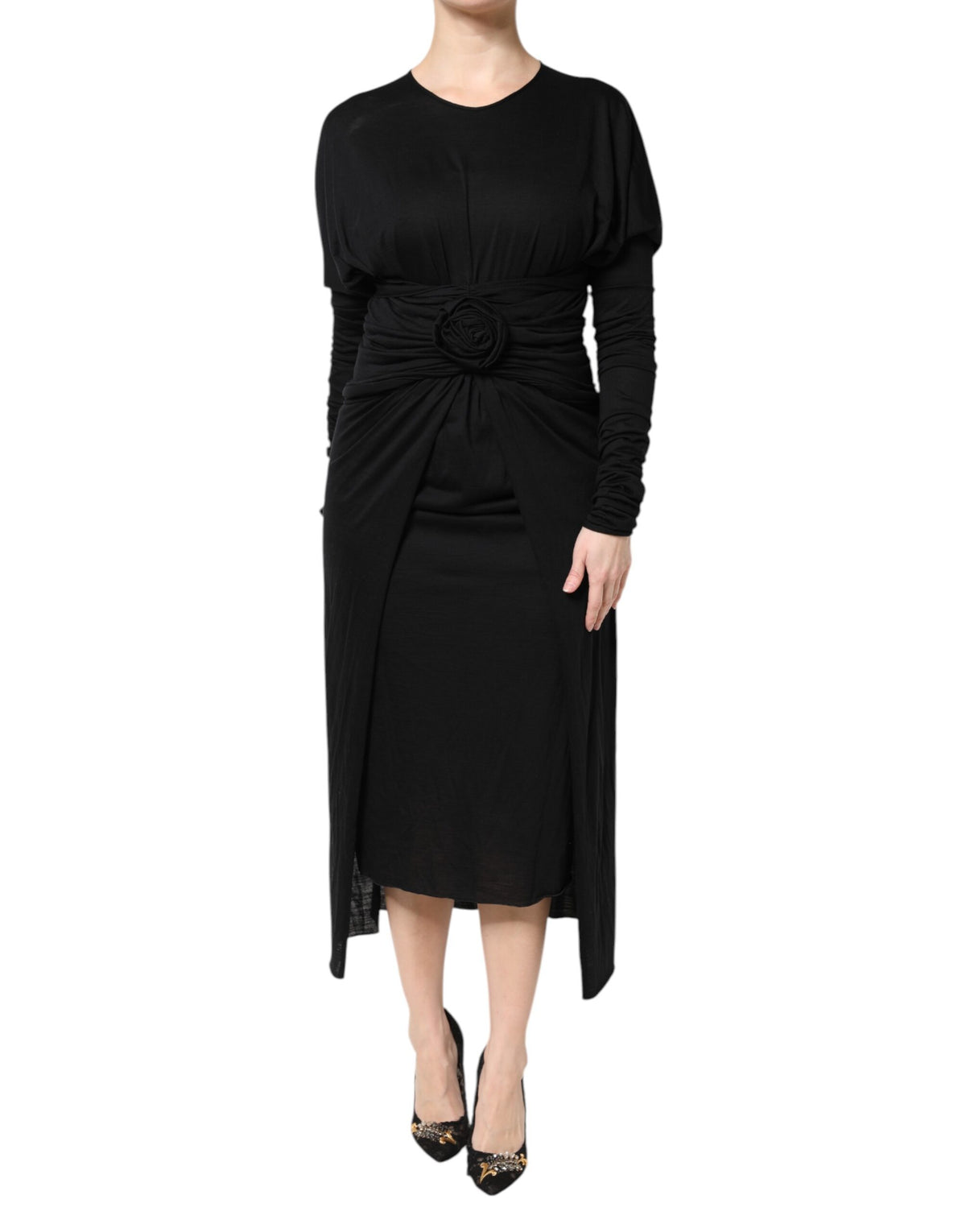 Dolce &amp; Gabbana – Schwarzes, langärmliges Etui-Midikleid aus Wolle