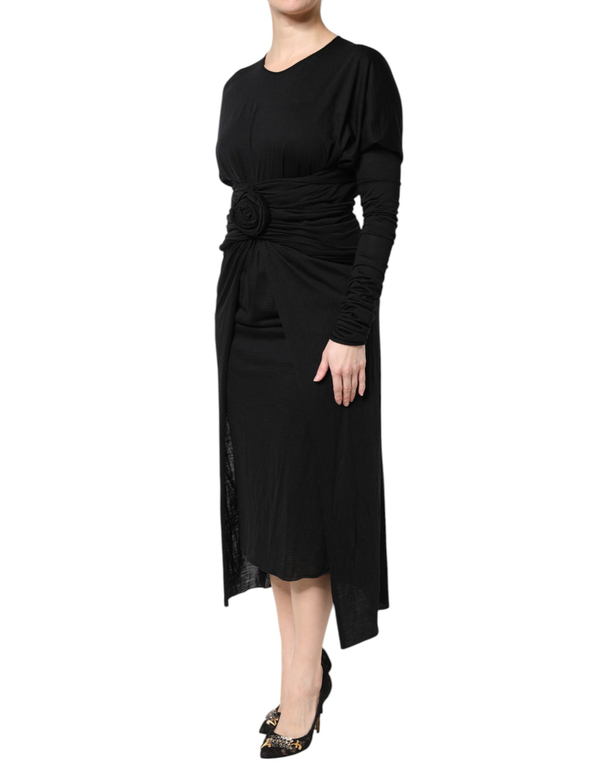 Dolce &amp; Gabbana – Schwarzes, langärmliges Etui-Midikleid aus Wolle