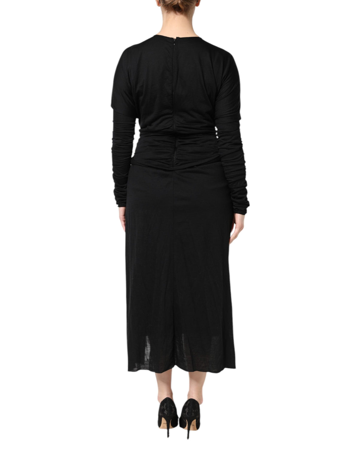 Dolce &amp; Gabbana – Schwarzes, langärmliges Etui-Midikleid aus Wolle