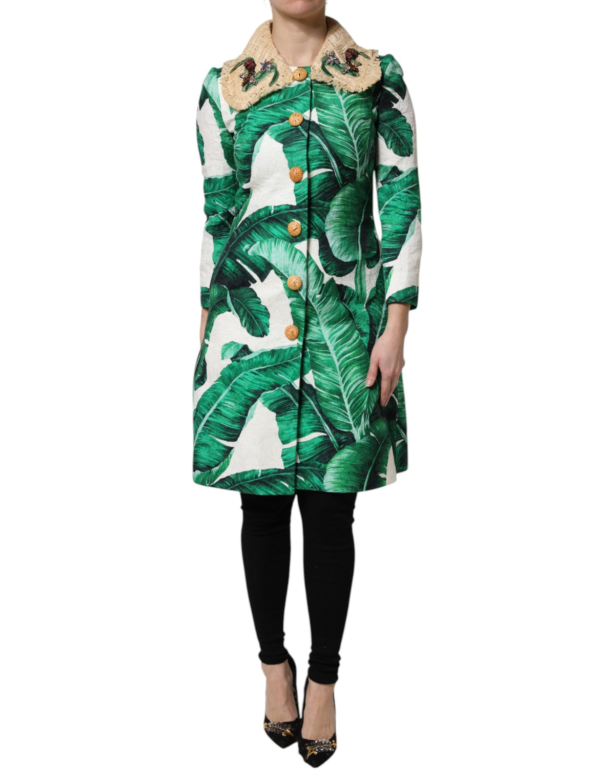 Dolce &amp; Gabbana – Trenchcoat-Jacke mit mehrfarbigem Blattdruck und Verzierung