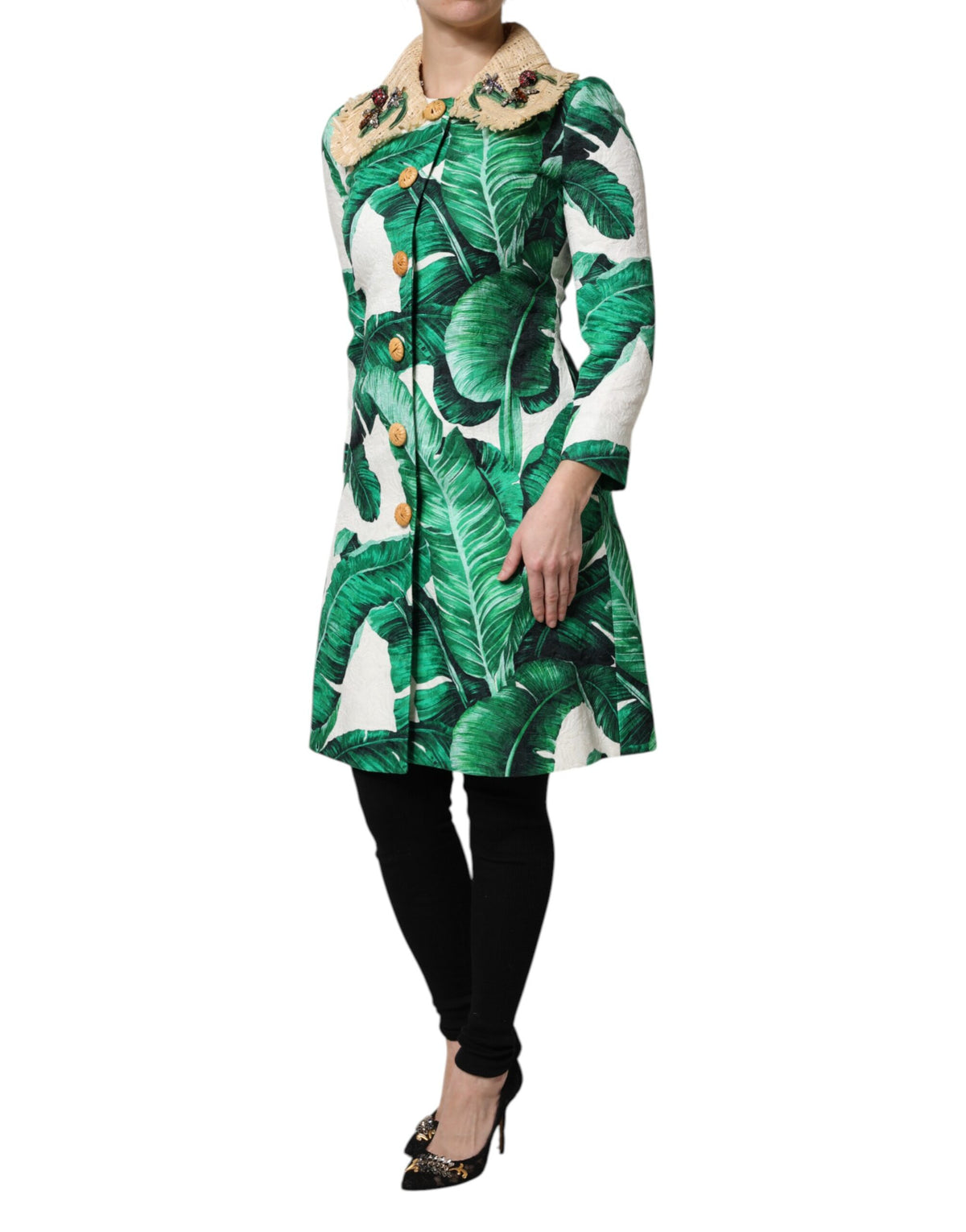 Dolce &amp; Gabbana – Trenchcoat-Jacke mit mehrfarbigem Blattdruck und Verzierung
