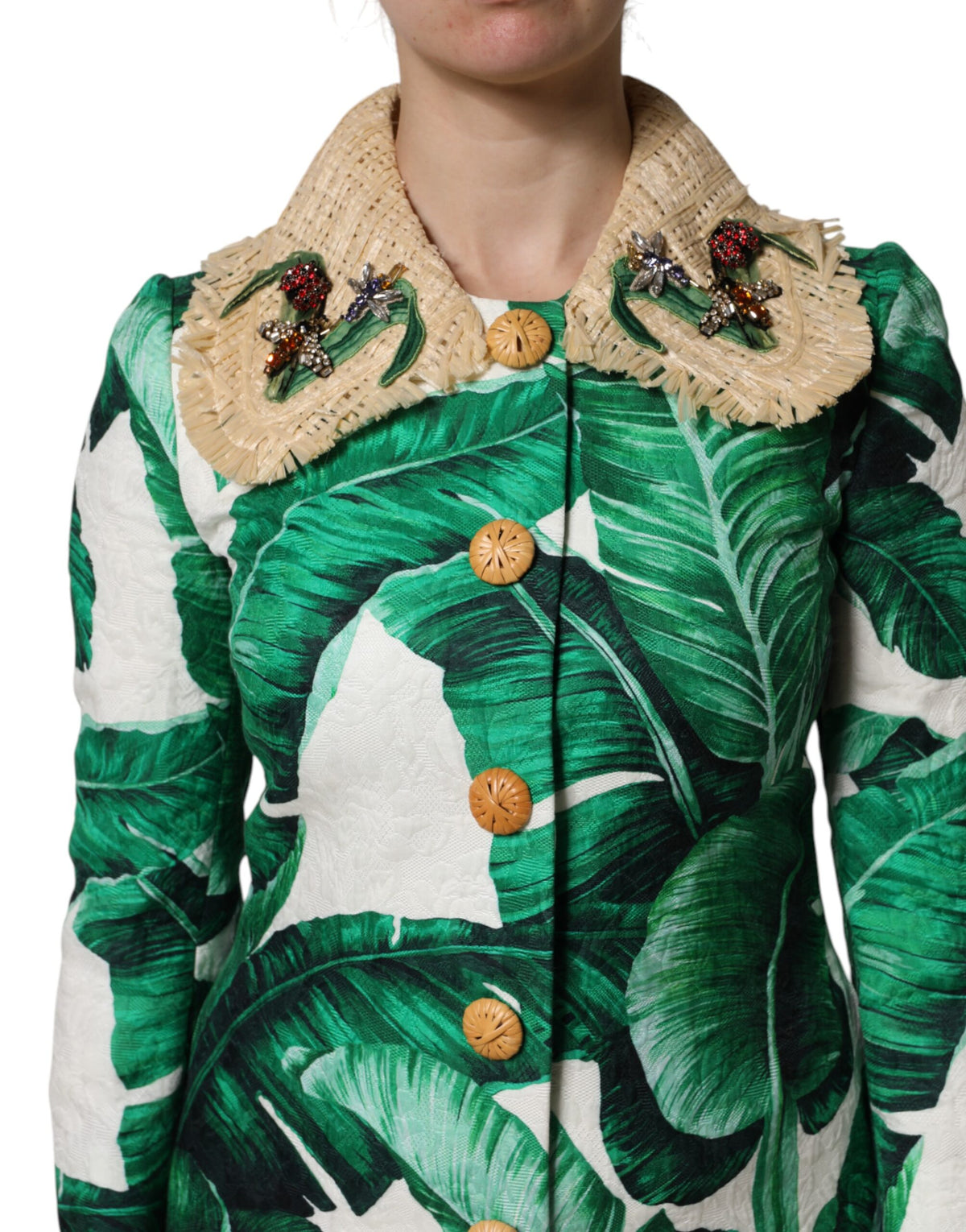 Dolce &amp; Gabbana – Trenchcoat-Jacke mit mehrfarbigem Blattdruck und Verzierung