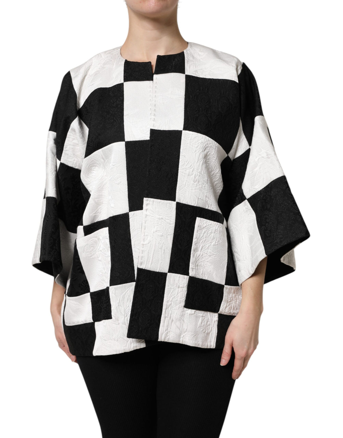 Dolce &amp; Gabbana – Weiß-schwarze Patchwork-Blazerjacke aus Jacquard