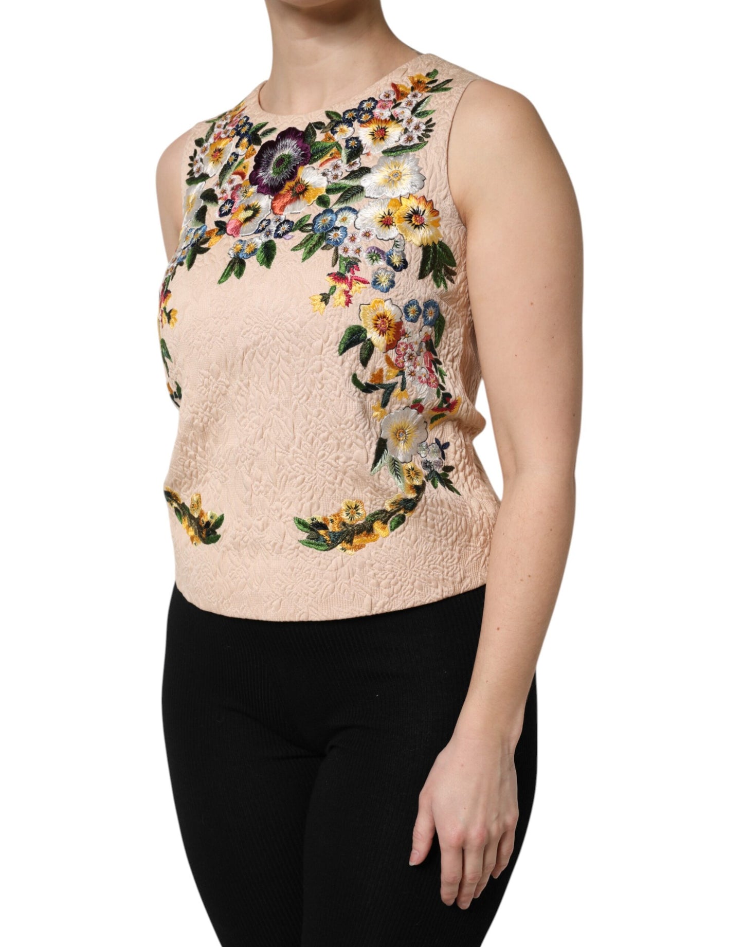 Dolce & Gabbana Beige Floral Embroidery Sleeveless Tank Top