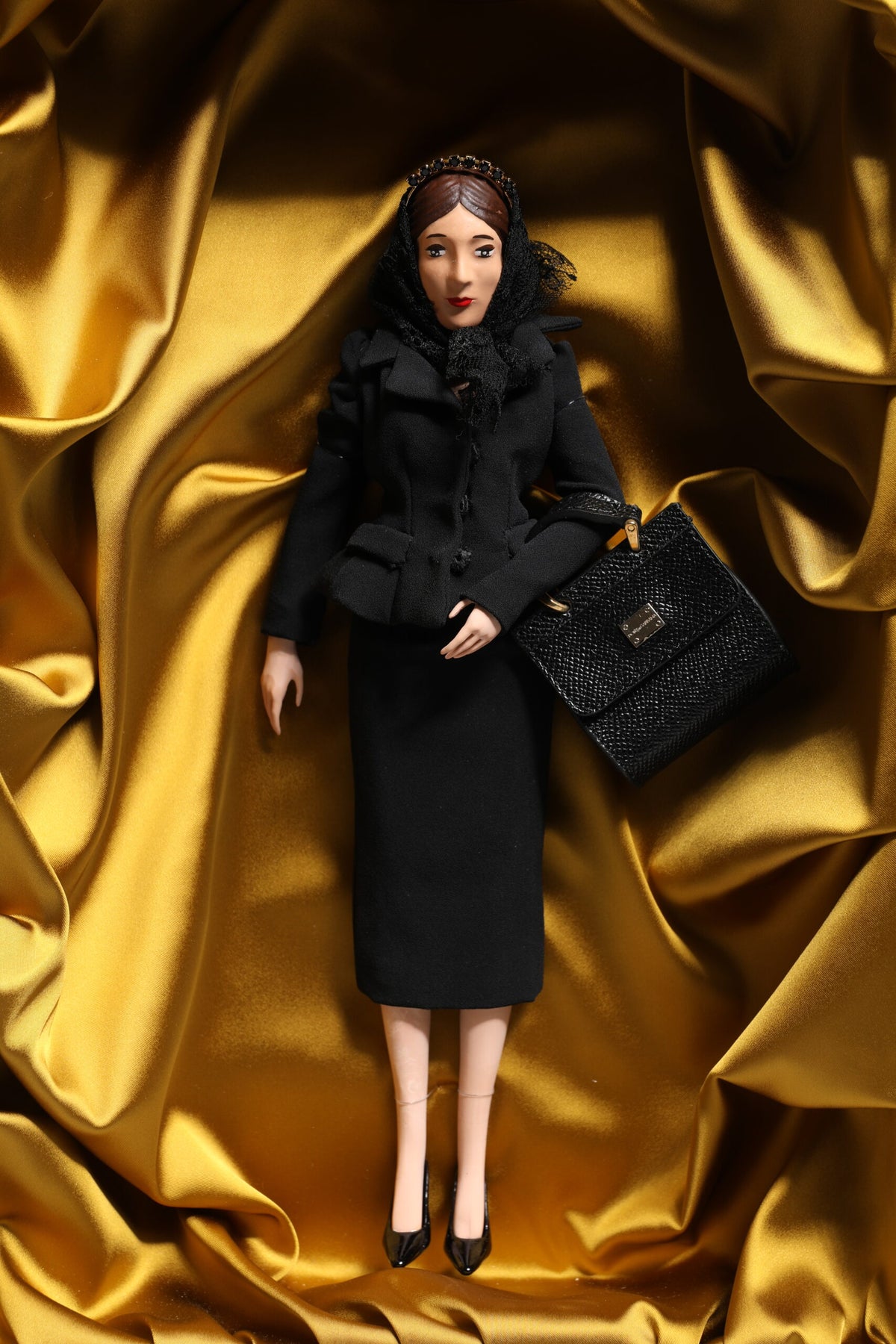 Dolce &amp; Gabbana Schwarzes Kleid Keramik Porzellan Mode Leder Sicily Dolls