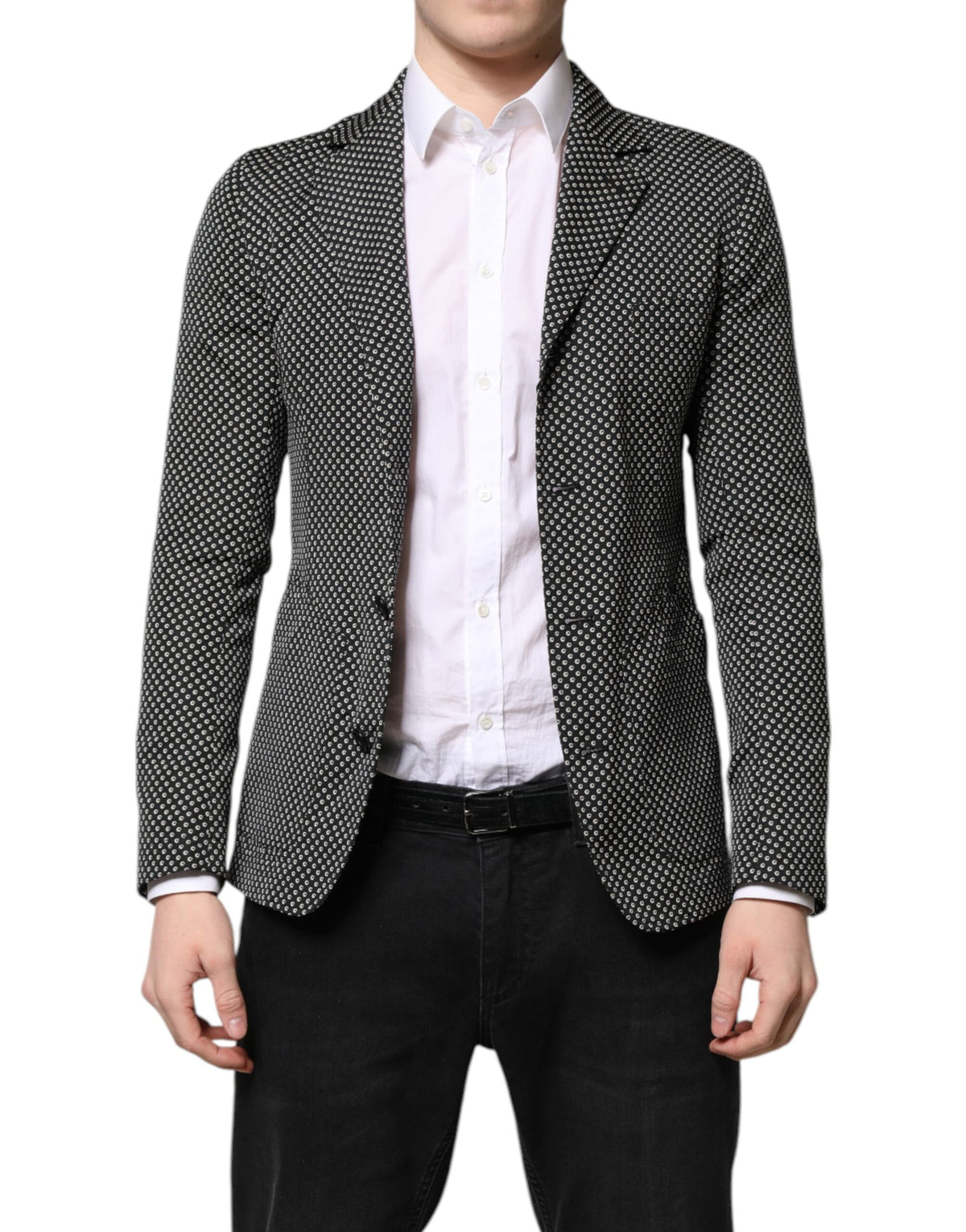 Dolce & Gabbana Dunkelgrauer Weiß Gemusterter Herren Anzug Sakko Blazer