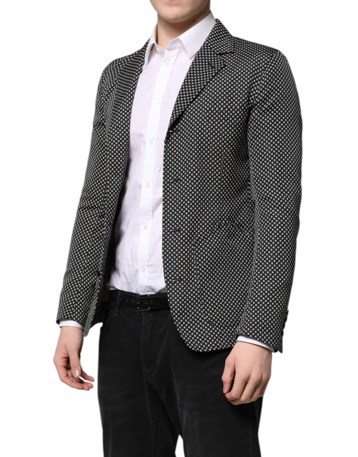 Dolce & Gabbana Dunkelgrauer Weiß Gemusterter Herren Anzug Sakko Blazer