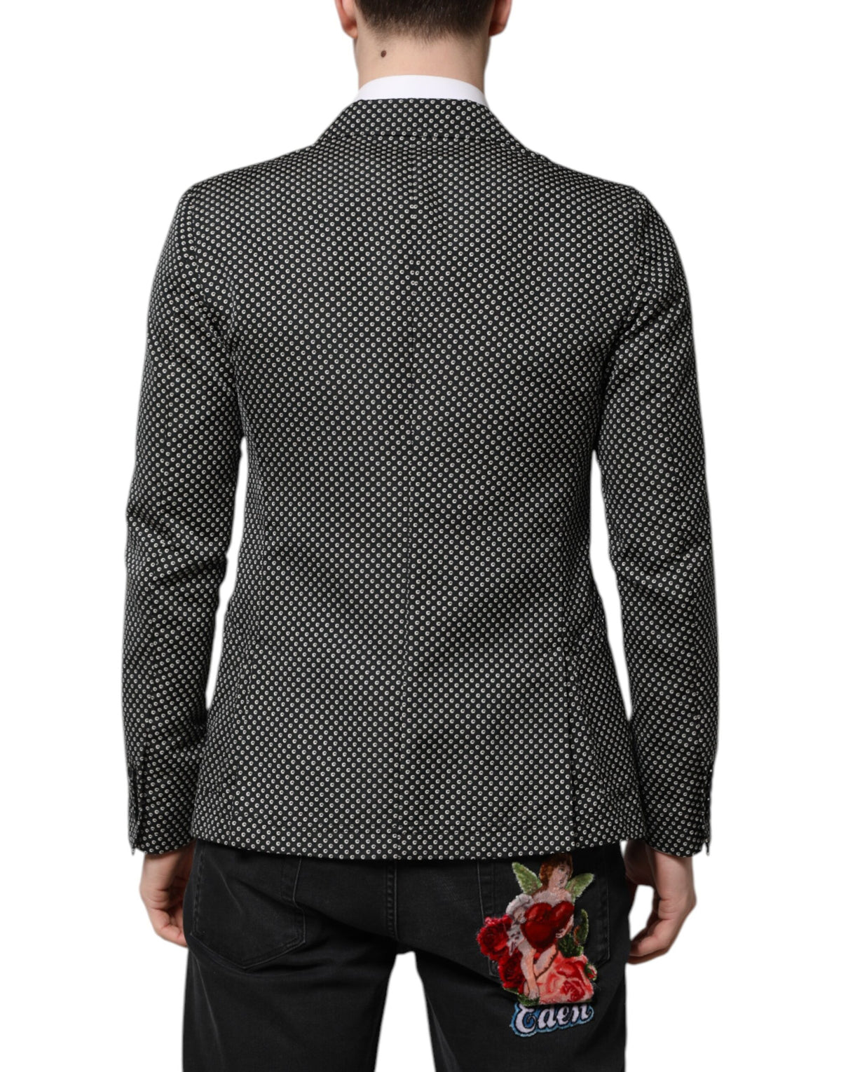 Dolce & Gabbana Dunkelgrauer Weiß Gemusterter Herren Anzug Sakko Blazer