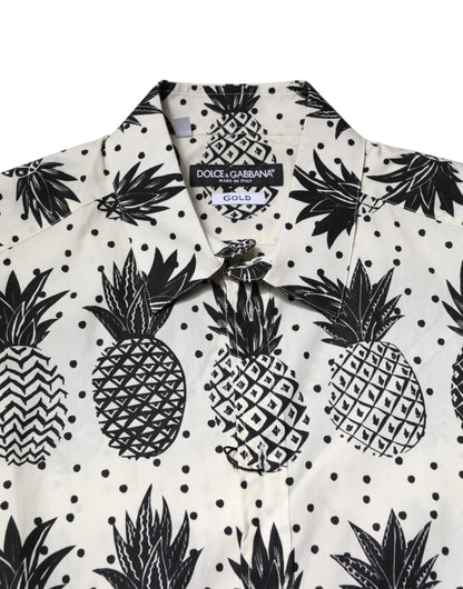 Dolce &amp; Gabbana – Weißes, langärmliges GOLD-Hemd mit Ananas-Print
