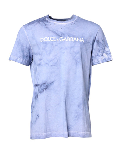 Dolce &amp; Gabbana – Blaues Baumwoll-T-Shirt mit Rundhalsausschnitt und Logo-Print