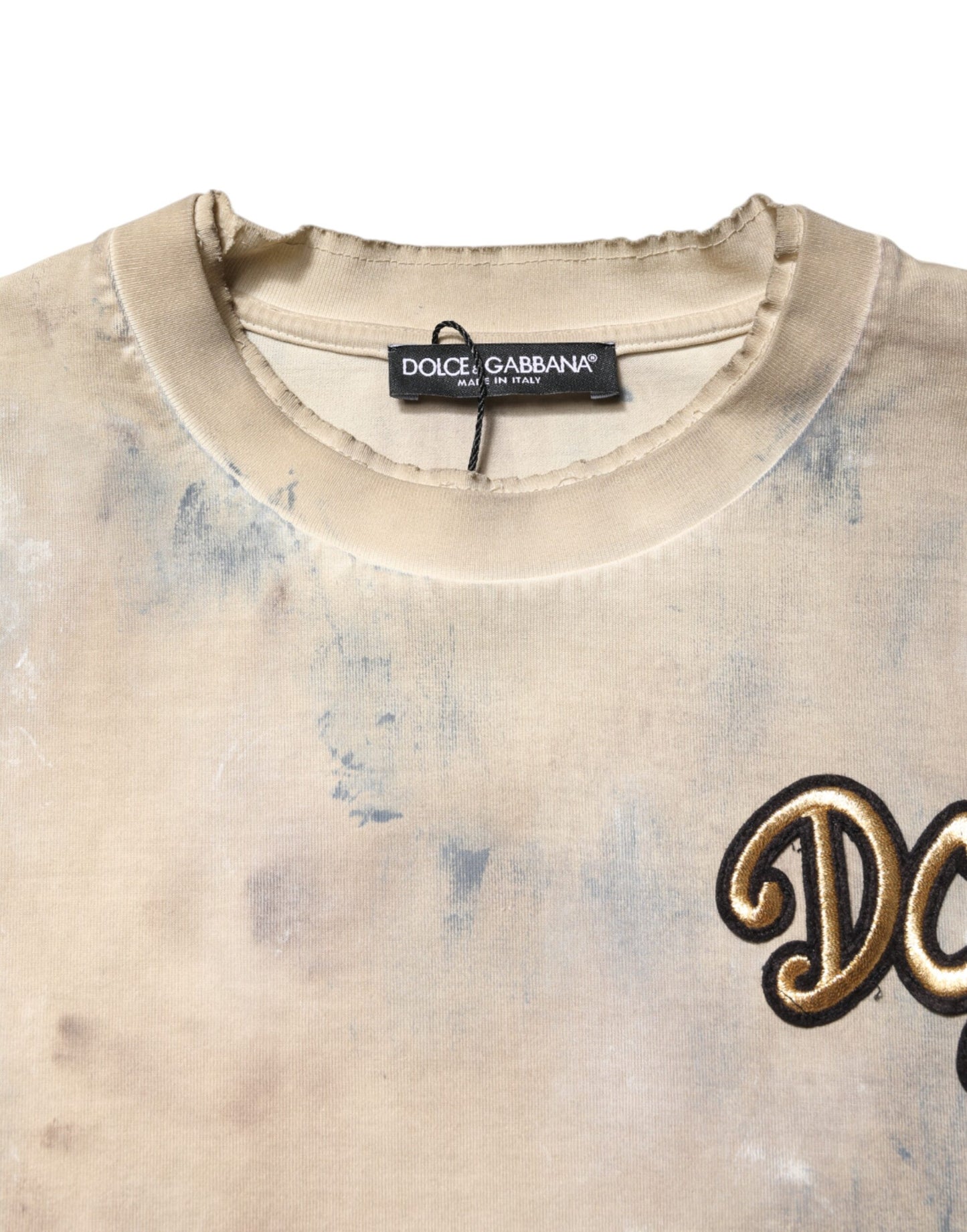 Dolce &amp; Gabbana – Kurzes T-Shirt mit Batikmuster und DG-Stickerei in Beige