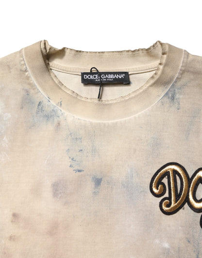 Dolce &amp; Gabbana – Kurzes T-Shirt mit Batikmuster und DG-Stickerei in Beige