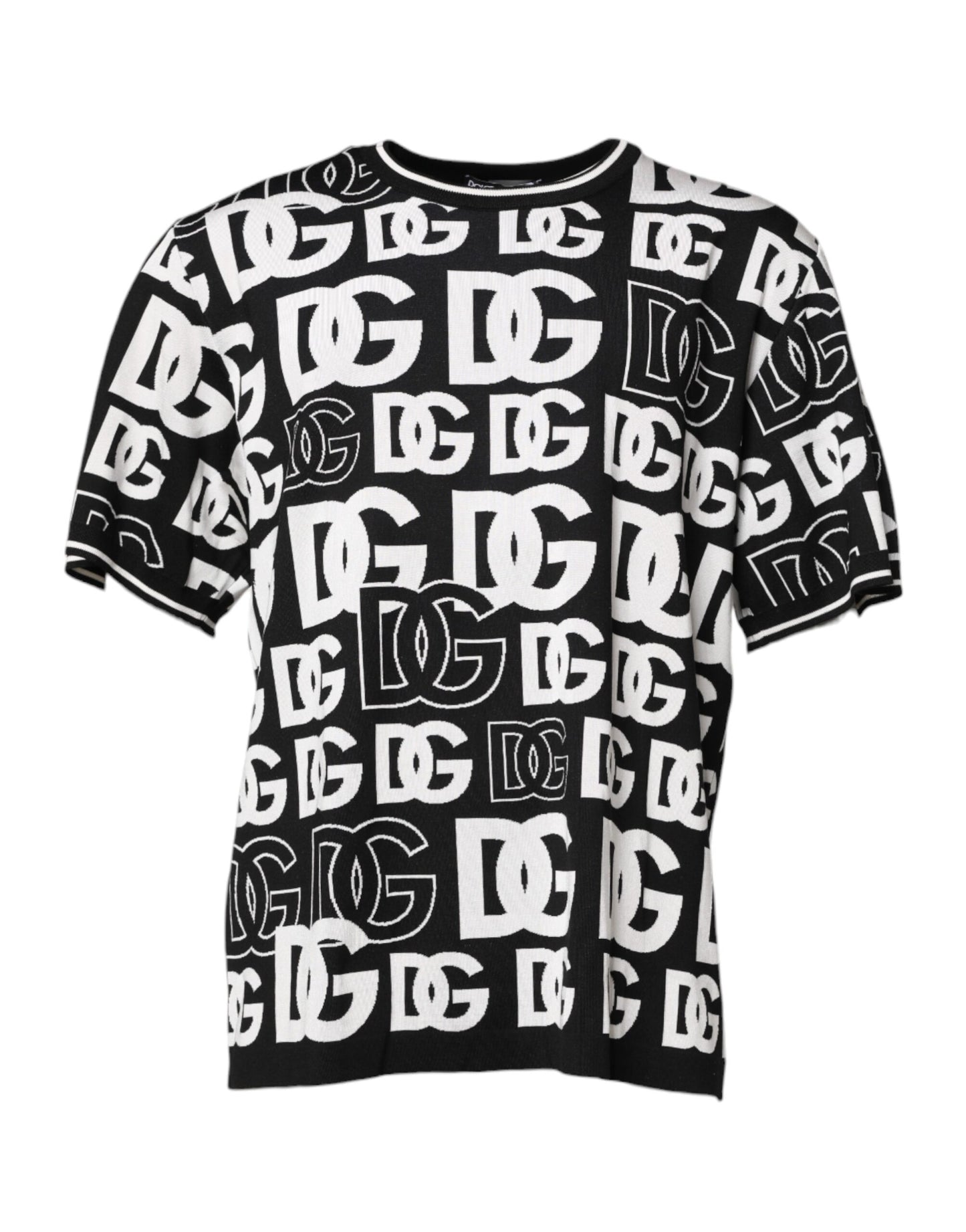 Dolce &amp; Gabbana – T-Shirt aus Seidenstrick mit DG-Print in Schwarz und Weiß