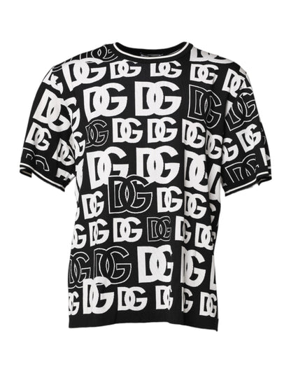 Dolce &amp; Gabbana – T-Shirt aus Seidenstrick mit DG-Print in Schwarz und Weiß