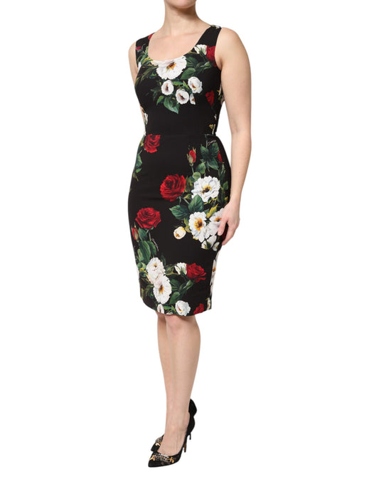 Dolce &amp; Gabbana – Schwarzes, ärmelloses Etuikleid mit Blumenmuster