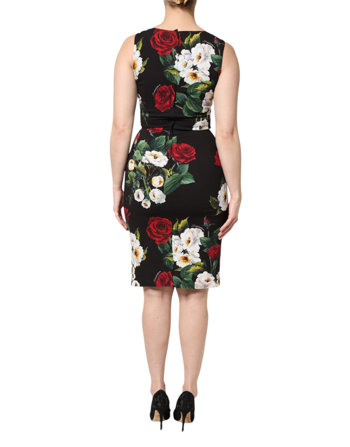 Dolce &amp; Gabbana – Schwarzes, ärmelloses Etuikleid mit Blumenmuster