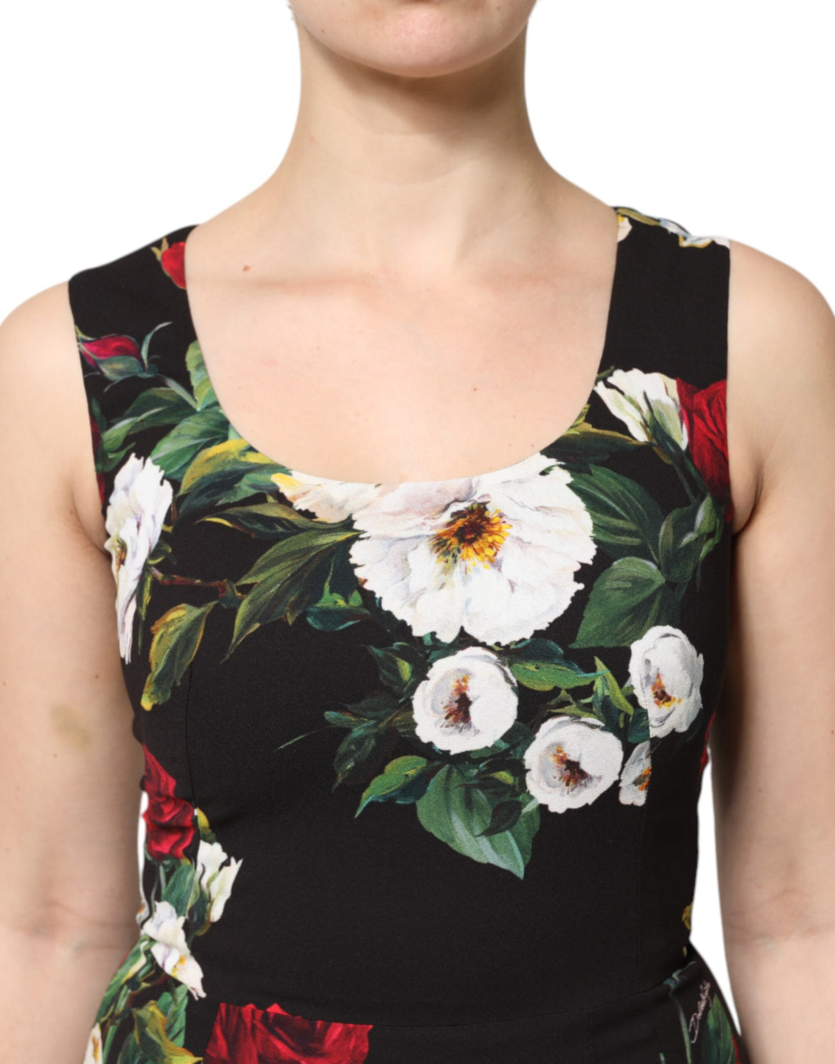 Dolce &amp; Gabbana – Schwarzes, ärmelloses Etuikleid mit Blumenmuster