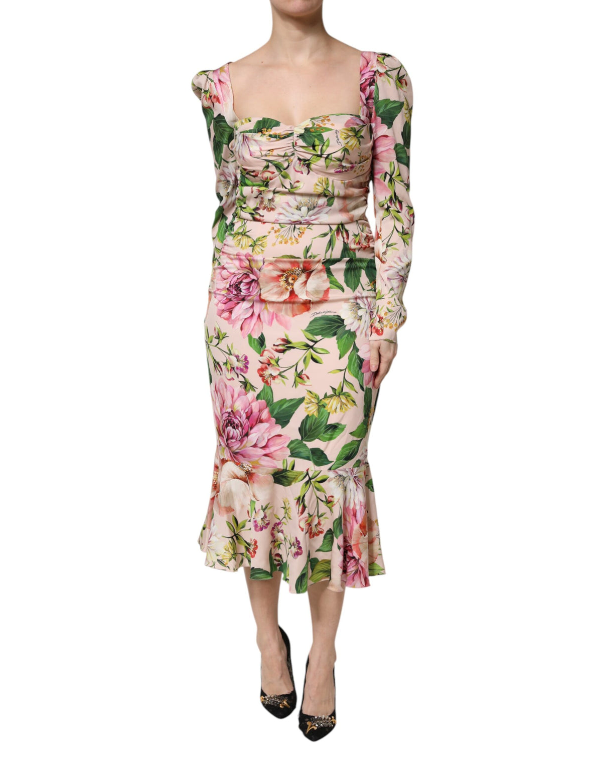 Dolce & Gabbana Rosa geblümtes Seiden-Midi-Kleid mit figurbetonter Passform und ausgestelltem Rock