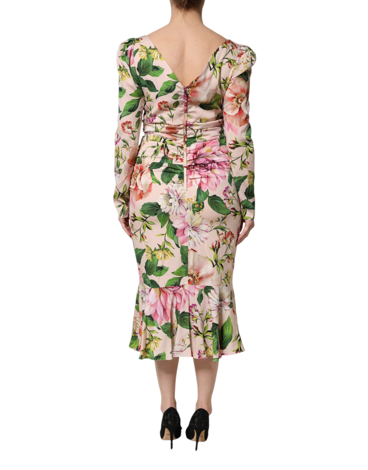 Dolce & Gabbana Rosa geblümtes Seiden-Midi-Kleid mit figurbetonter Passform und ausgestelltem Rock